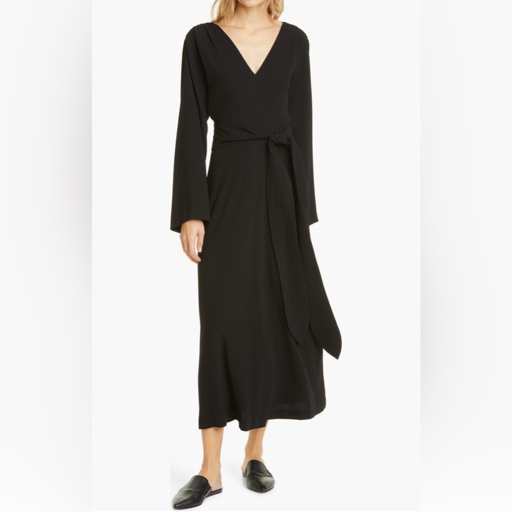 Jenni Kayne Kate Satin Back Crepe Long Sleeve Dress Black Small V Neck